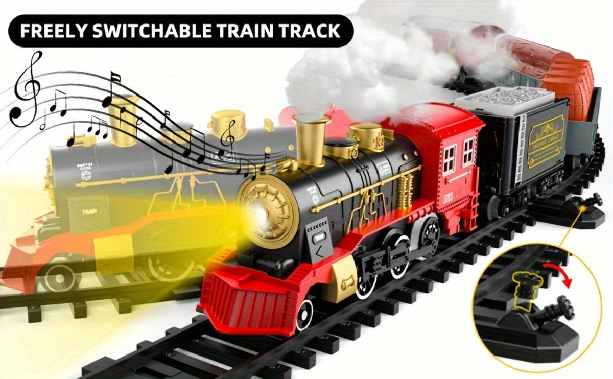 Electric Train Set with Smoke, Lights & Sound – 6-Car Christmas Toy Train with Switch Tracks