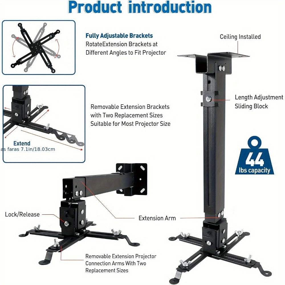 Ceiling Mounted Projector Bracket Adjustable Angle Height & Extendable Arm, 40LB Load Capacity, Universal LCD DLP Projector Mount Hanger for Home Theater Office Classroom