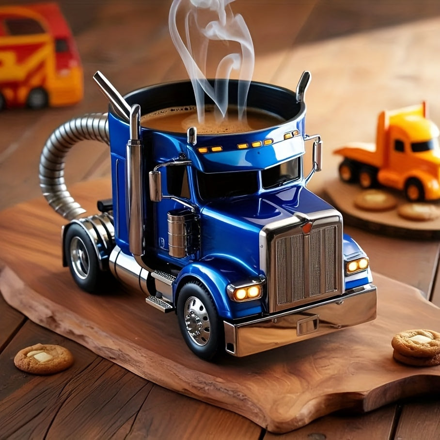 Semi Truck Coffee Mug Handmade Semi-Truck Shaped Cup – Creative Novelty Coffee Tea Mug, Unique Trucker Gift for Men, Truck Drivers & Coffee Lovers – Blue & Black