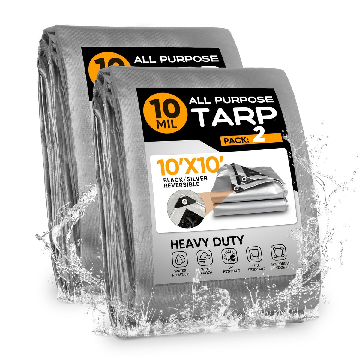 Heavy Duty Waterproof Tarp 2-Pack 10Mil 150GSM Black Silver – Tear-Proof Polyethylene Cover with Reinforced Grommets for Roof Pool Boat Car Camping & Outdoor