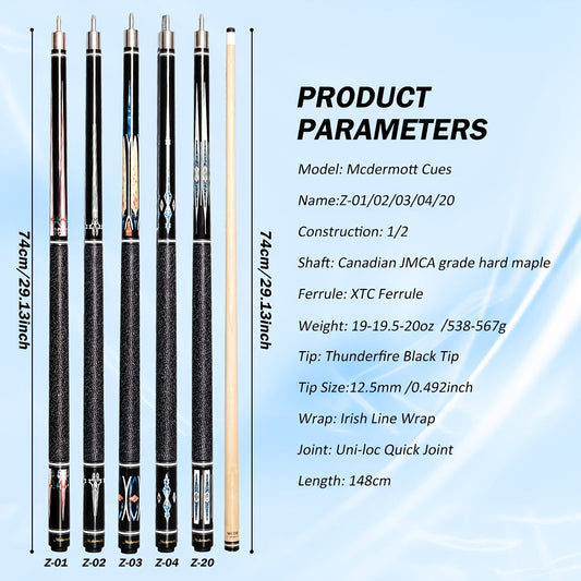 2-Piece Pool Cue, 58 Inch, with 12.5mm Low-Deflection Maple Shaft and Irish Linen Wrap