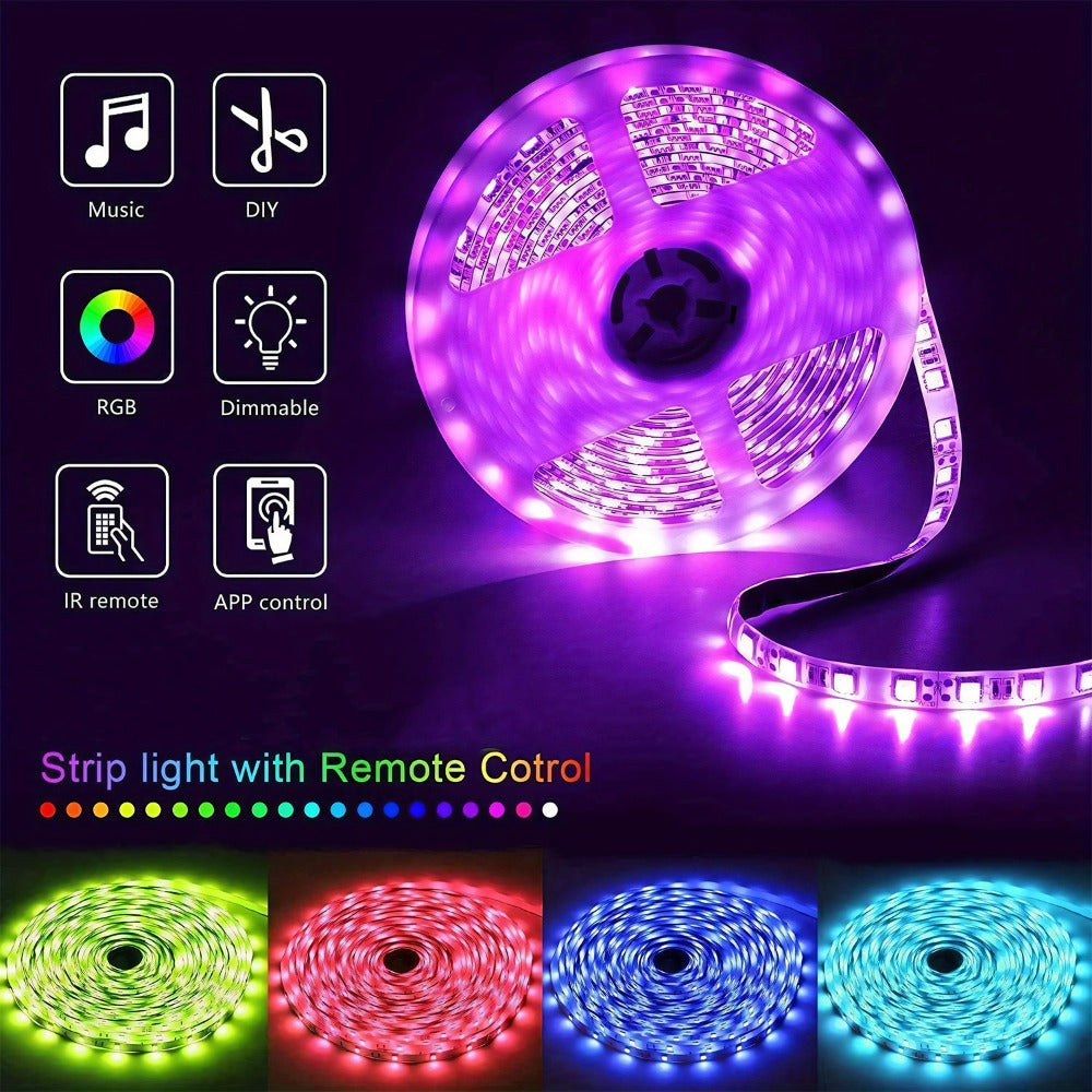 RGB LED Smart Light Strip 200FT Music Sync Color Changing – 44-Key Remote, Multi-Color Adjustable, Adhesive Install | Living Room, Bedroom, Gaming Room & Home Decoration