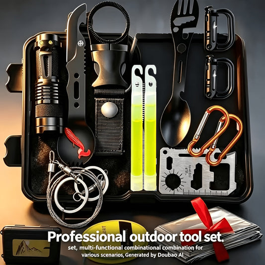 Camping Survival Kit in Black Storage Box for Outdoor Preparedness