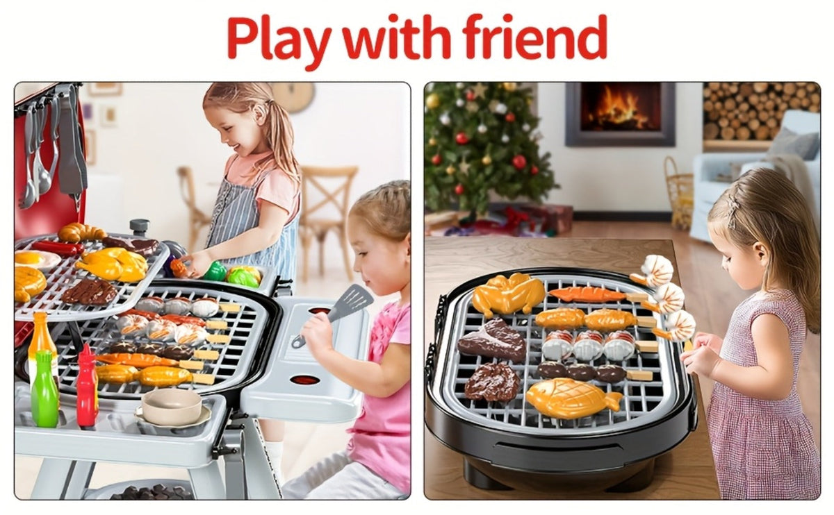Kids BBQ Grill Playset with Two-Tier Design, Toy Food & Water Tap