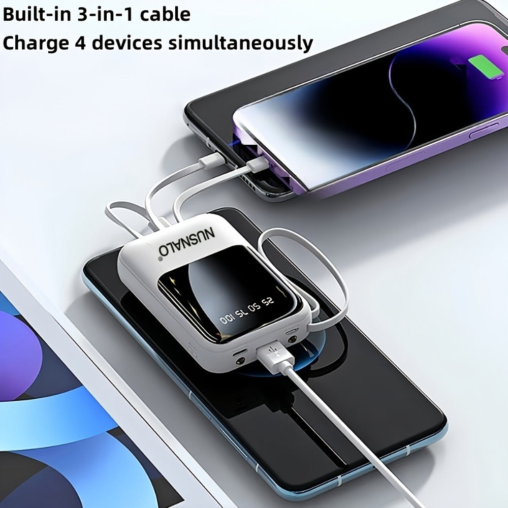10000mAh Mini Power Bank with Built-in 4 Cables – 22.5W Super Fast Charging, LED Display, Cute Portable Charger for iPhone, Android, Samsung & Travel, Ultra-Compact Battery Pack with LED Light
