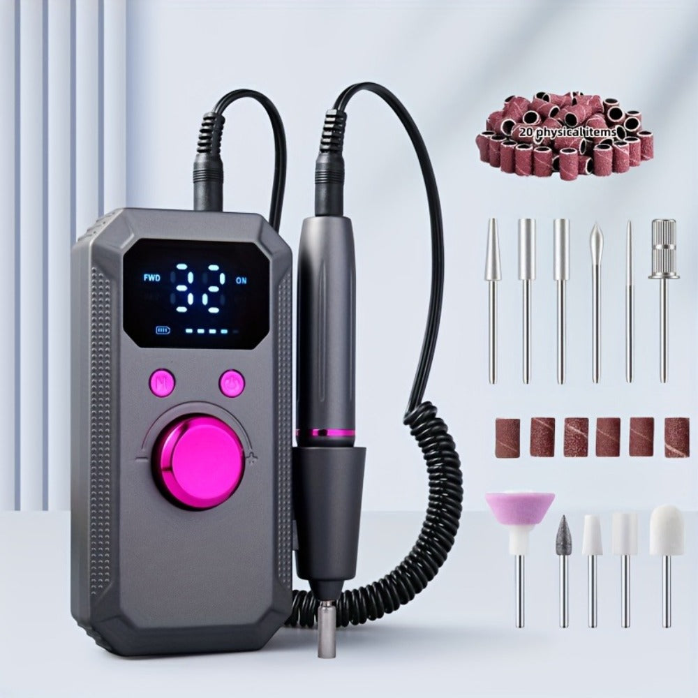 Cordless Electric Nail Drill Machine Rechargeable Professional E-File 11 Bits 20 Sanding Discs High Speed Acrylic Gel Natural Nails Polishing Portable Home Salon Black Pink White Grey Rose Gold