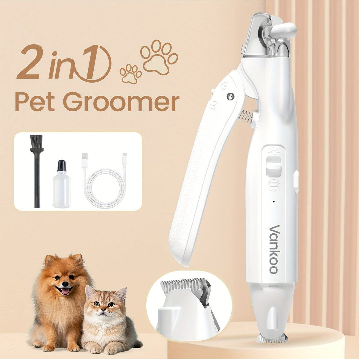 2-in-1 Pet Grooming Clipper with LED Light – Rechargeable Nail Cutter & Paw Hair Trimmer for Dogs & Cats | Precision Trimming for Paws, Face, Ears & Rump | Safe, Quiet & Cordless | White
