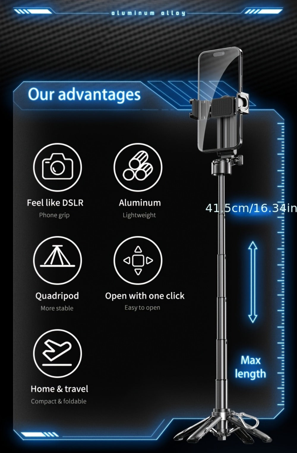 DSLR-Style Grip Selfie Stick Tripod 3-in-1 with 16 Inch Extendable Arm One-Click Unfold Stand & Wireless Bluetooth Remote – Portable Phone Stand for Concerts Hiking Desktop Live Streaming iPhone Android