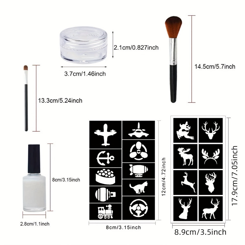 Glitter Tattoo Kit for Kids & Adults – 14 Stencil Sheets 6 Metallic Colors Skin-Safe Body Glue 2 Brushes Temporary Body Art Set for Birthday Parties Festivals Halloween Rave Costume Events