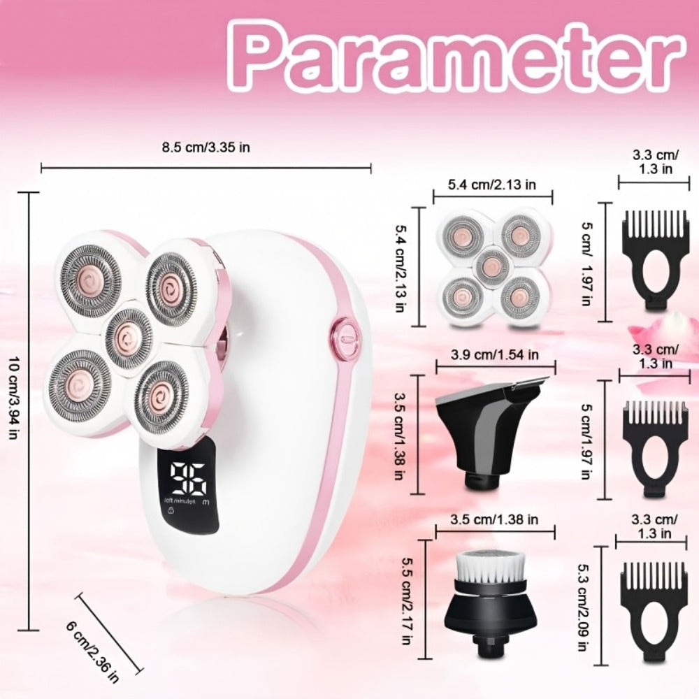 5-in-1 Electric Shaver for Men and Women IPX6 Waterproof — USB Rechargeable Body Hair Trimmer Grooming Kit with Interchangeable Heads for Bald Head, Hair, Nose, Sideburn & Facial Cleansing (Pink/Blue/Black)