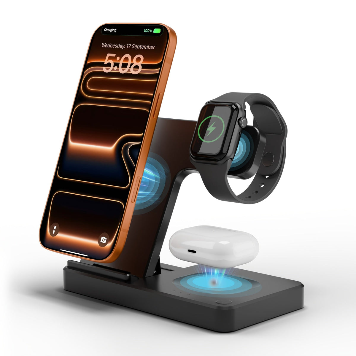 Vertical Horizontal Wireless Charging Station 3-in-1 Foldable 15W LED Indicator – Fast Charger for iPhone 17/16/15/14/13/12, Apple Watch Ultra 2/Series 10/9/8/7 & AirPods Pro 4/3/2 | Portrait Landscape Stand | Black & White