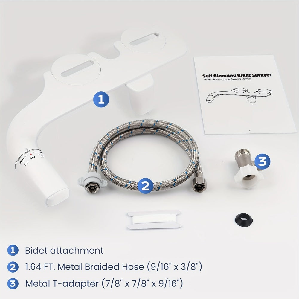 Bidet Attachment for Toilet - Dual Retractable Nozzle Non-Electric Self-Cleaning Fresh Water Bidet Sprayer, Adjustable Water Pressure, Fits Most Toilets, Brass T-Adapter & Metal Hose Included, Easy Install