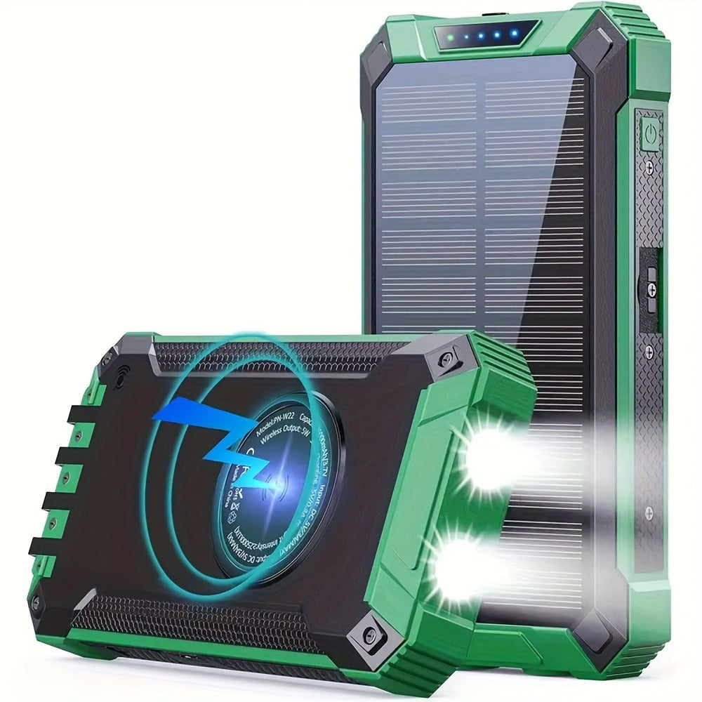 Solar Power Bank 40000mAh with Built-in 4 Cables & 15W Wireless Charging – 6 Outputs 3 Inputs Dual LED Flashlight Portable Charger for iPhone Android Tablets Camping Travel Emergency