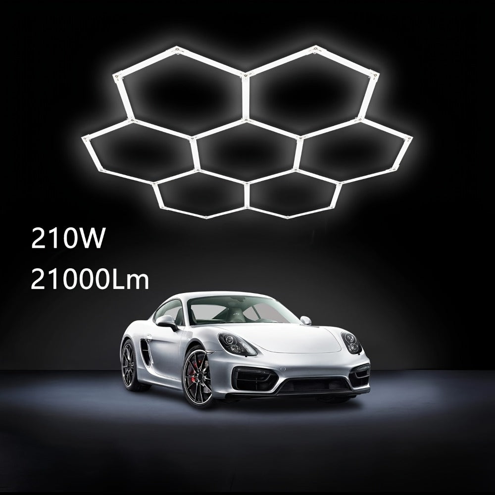 LED Hexagonal Garage Light 6500K – Super Bright Daylight White Shop Light 42W–620W for Auto Detailing, Warehouse, Workshop, Basement & Gym (1 to 32 Grids, Hex Frame Available)