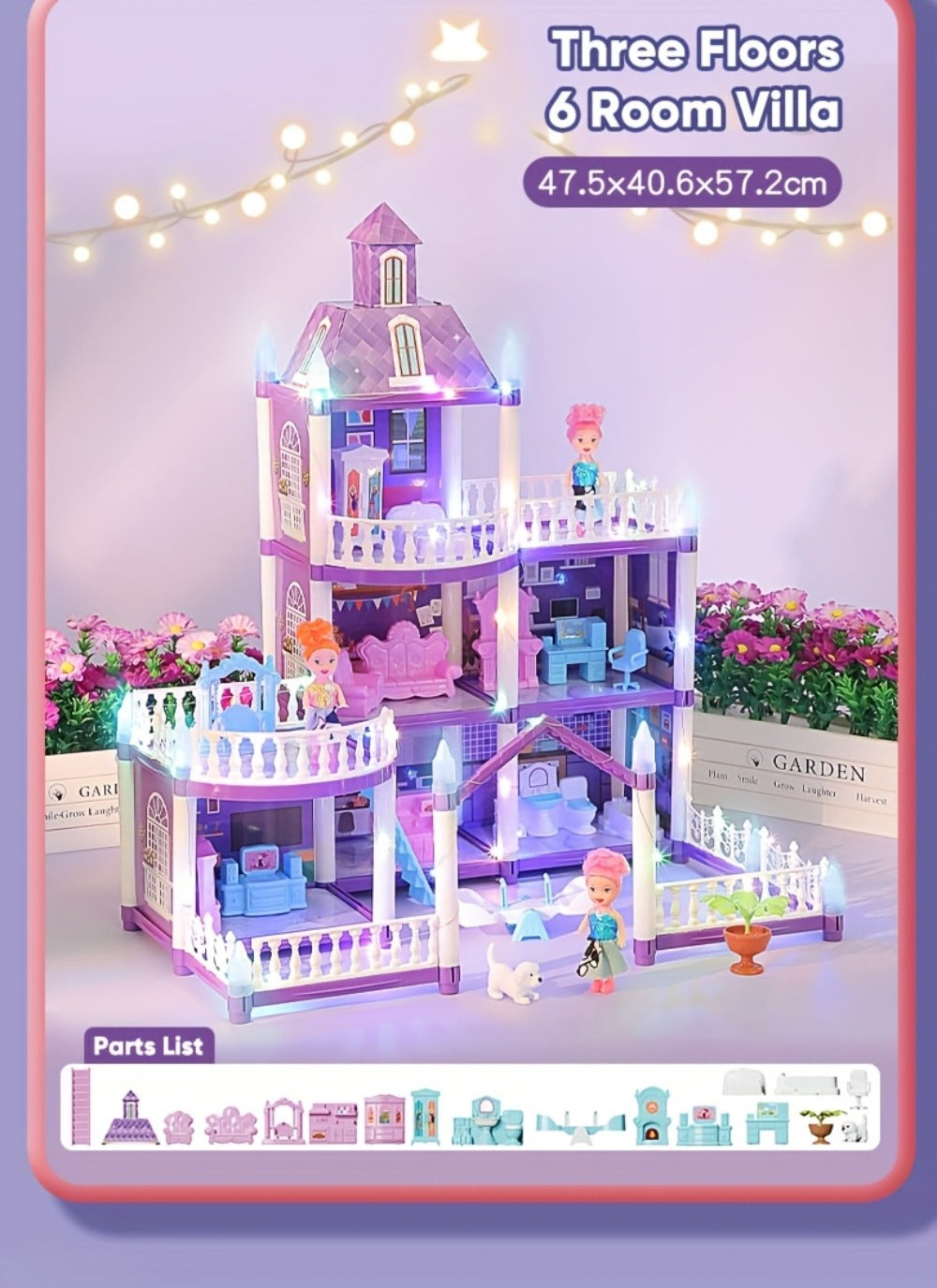 Purple LED Dollhouse Playset with 6 to 16 Room Options and Furniture
