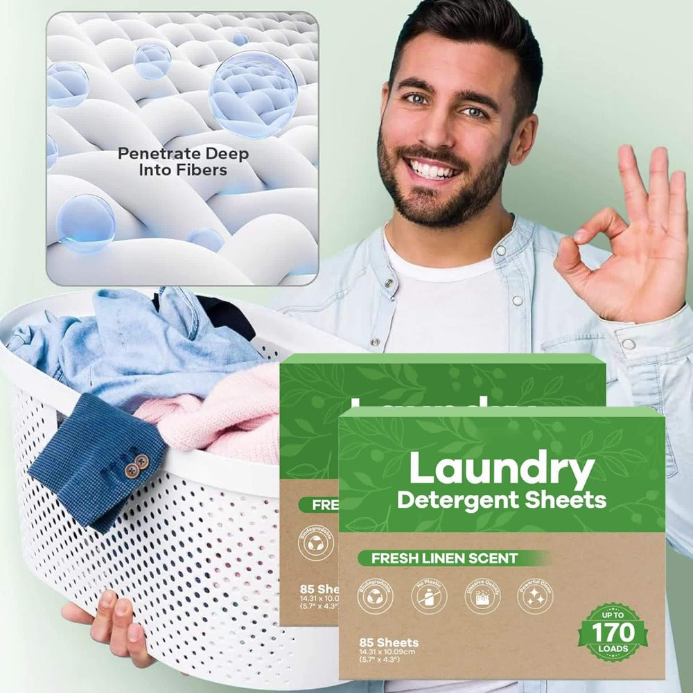 Laundry Detergent Sheets 85 Sheets 170 Loads – Liquid-Free Eco Laundry Strips, No Plastic Jug, Fresh Linen Scent, HE & Standard Washer Compatible