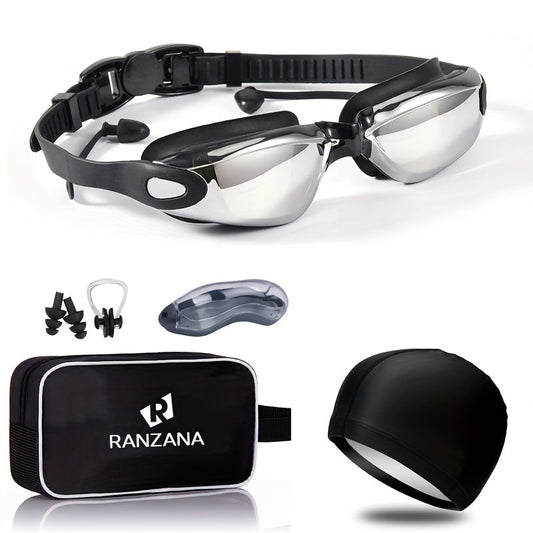 Anti-Fog Racing Swim Goggles Set 6-in-1 - HD UV Protection Silver Coated PC Lens, Waterproof PU Swim Cap, Nose Clip, Earplugs, Goggle Case & Storage Bag for Adult Men Women Pool Training Competition