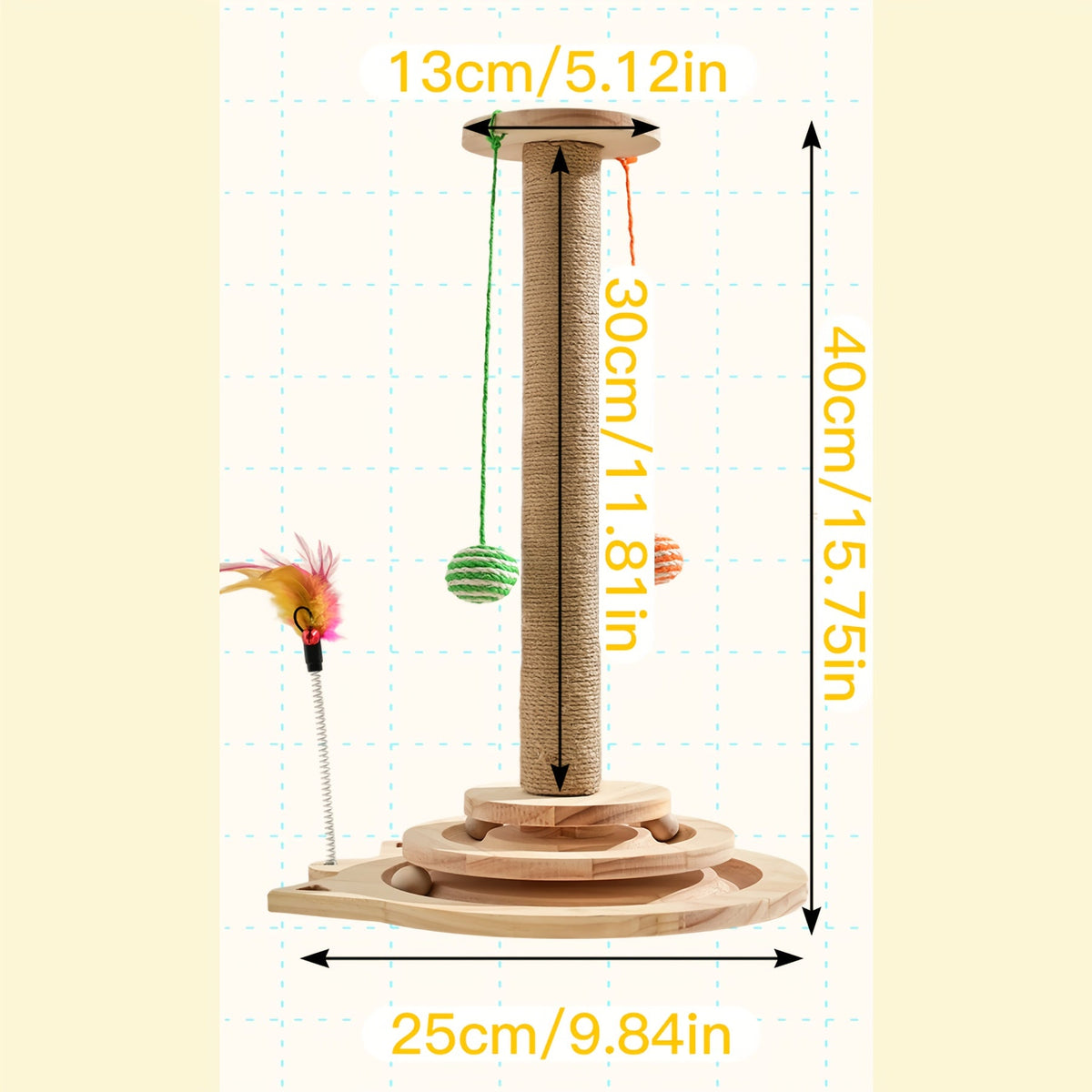 Multi-Level Sisal Cat Scratching Post 4-in-1 with 6 Wooden Balls 2 Hanging Balls & 2 Feather Teaser Toys - Premium Thickened Sisal Anti-Slip Base for Indoor Cats M L XL + Replacement Pillars
