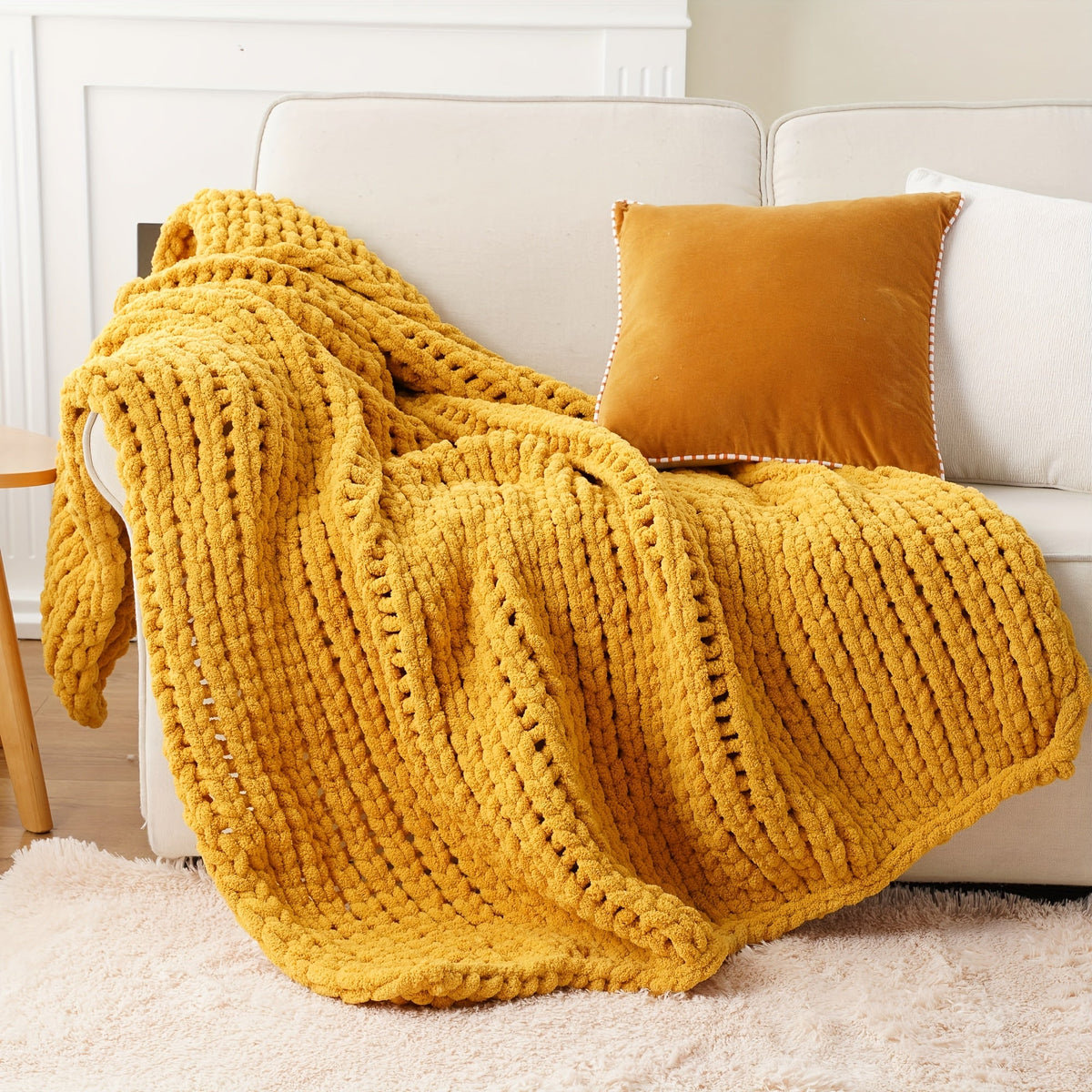 Chunky Chenille Cable Knit Throw Blanket – 350-400gsm Soft Warm Crochet Throw for Sofa, Bed & Couch, Vintage Patchwork, 14 Colors