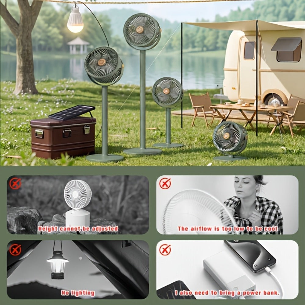 Solar Floor Fan 33-Inch Rechargeable 4000mAh USB Standing Fan Power Bank 2-in-1 360° Tilt 5-Speed 4-Height Adjustable for Indoor Outdoor Courtyard RV Camping