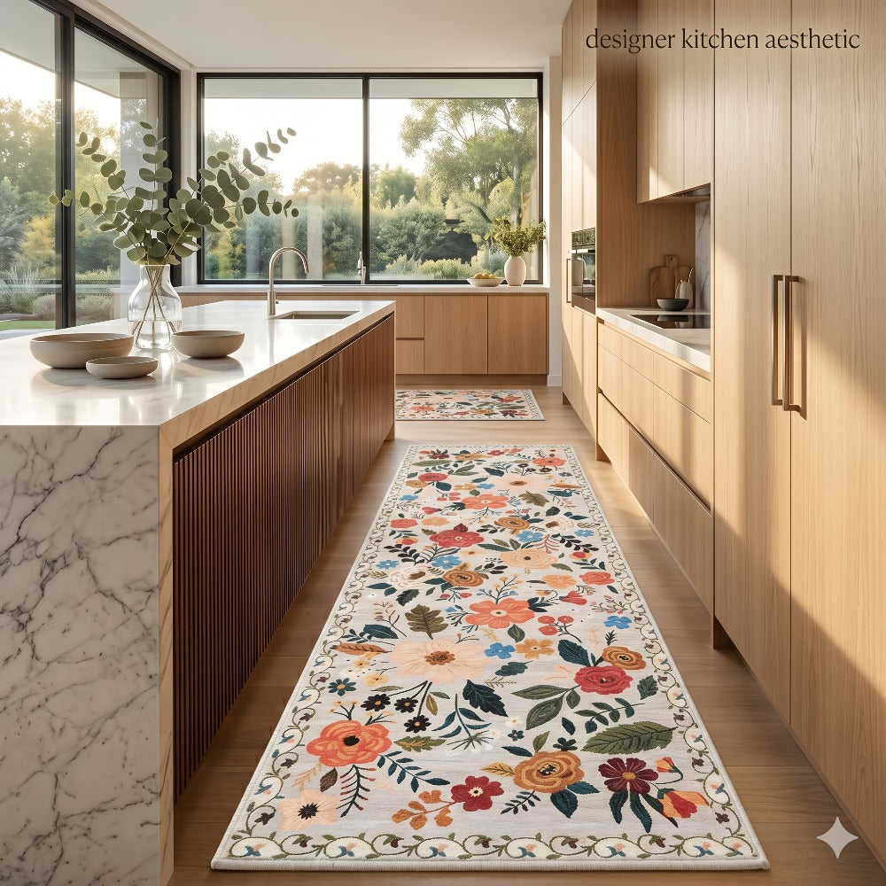 Bohemian Floral Plush Rug Non-Slip Machine Washable – Soft Floral Runner Mat for Bedroom, Kitchen, Bathroom, Entryway & Living Room – Easy Clean Indoor Home Decor Mat, 4 Sizes