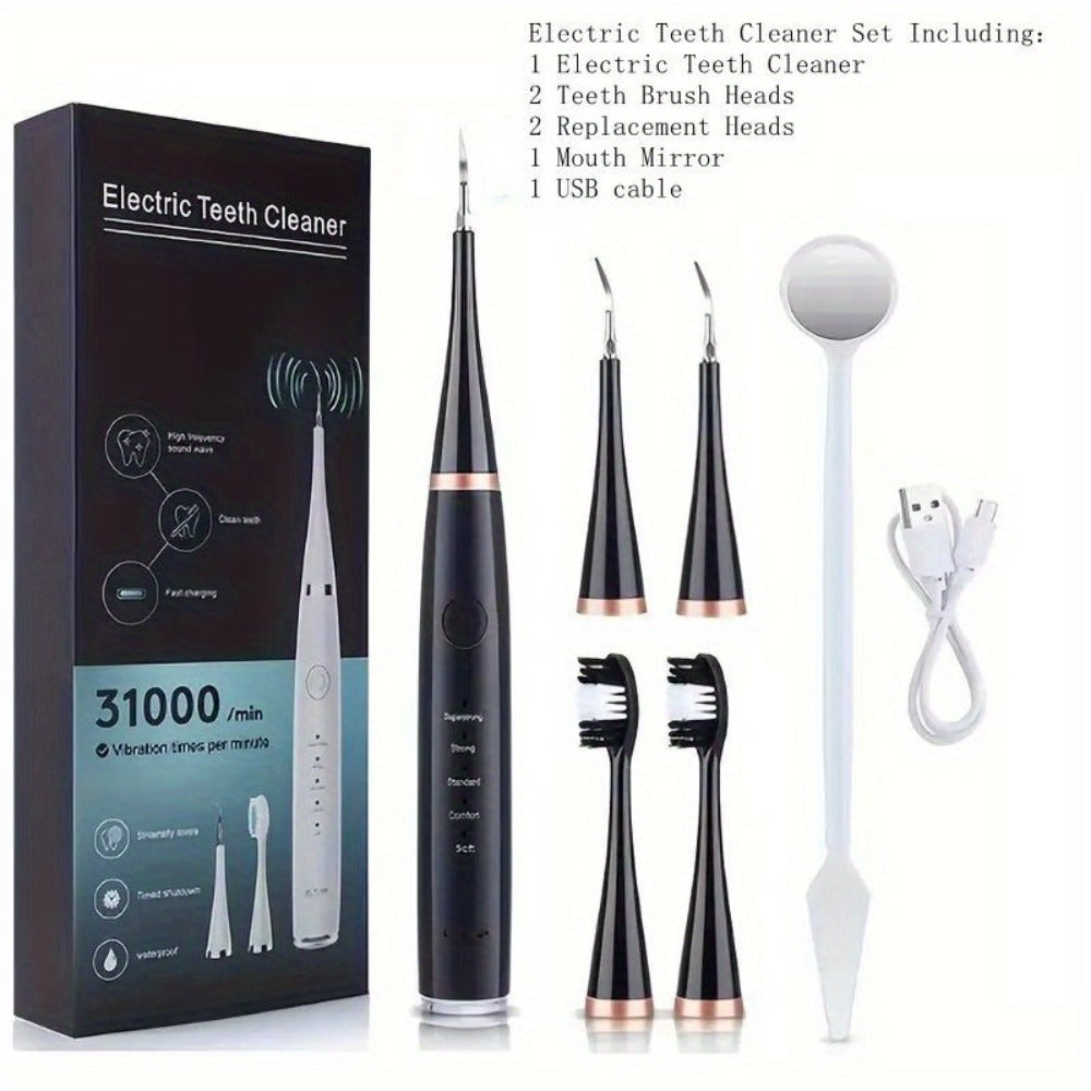 Electric Teeth Cleaner Kit USB Rechargeable – 5 Cleaning Modes Dental Scaler Plaque Tartar Remover Gum Health Tool for Adults Family Holiday Gift Set Black White Green