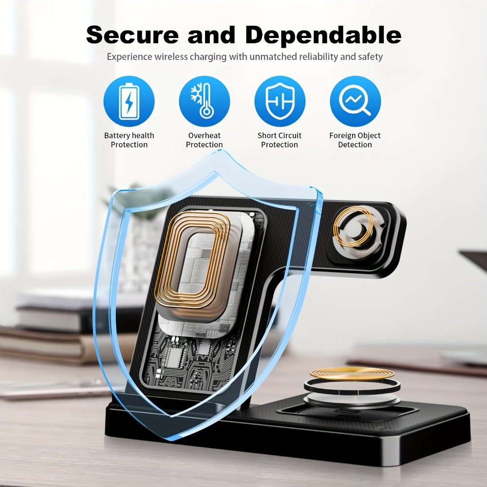 Vertical Horizontal Wireless Charging Station 3-in-1 Foldable 15W LED Indicator – Fast Charger for iPhone 17/16/15/14/13/12, Apple Watch Ultra 2/Series 10/9/8/7 & AirPods Pro 4/3/2 | Portrait Landscape Stand | Black & White