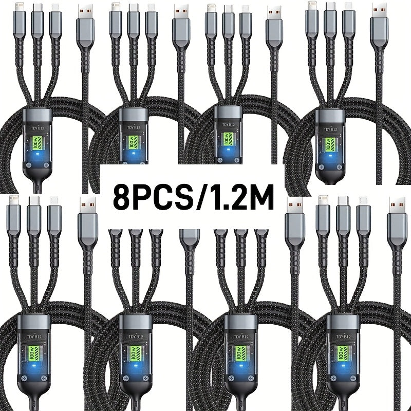 MFi Certified 3-in-1 Charging Cable 100W Fast Charge 4/8 Pack – 1.2m Nylon Braided USB Cable Type-C Micro USB Lightning for iPhone iPad Samsung Android, Multi Connector Multi Pack Phone Charger Cord