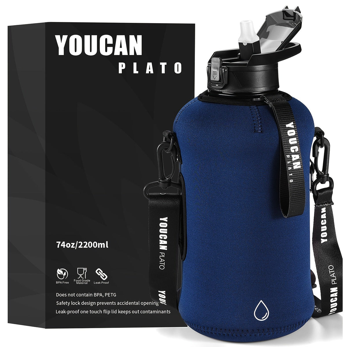 Half Gallon Water Bottle 74oz with Insulated Sleeve, Straw & Time Marker – BPA Free Leakproof Large Sports Jug with Carrying Handle & Strap for Gym, Fitness & Outdoor