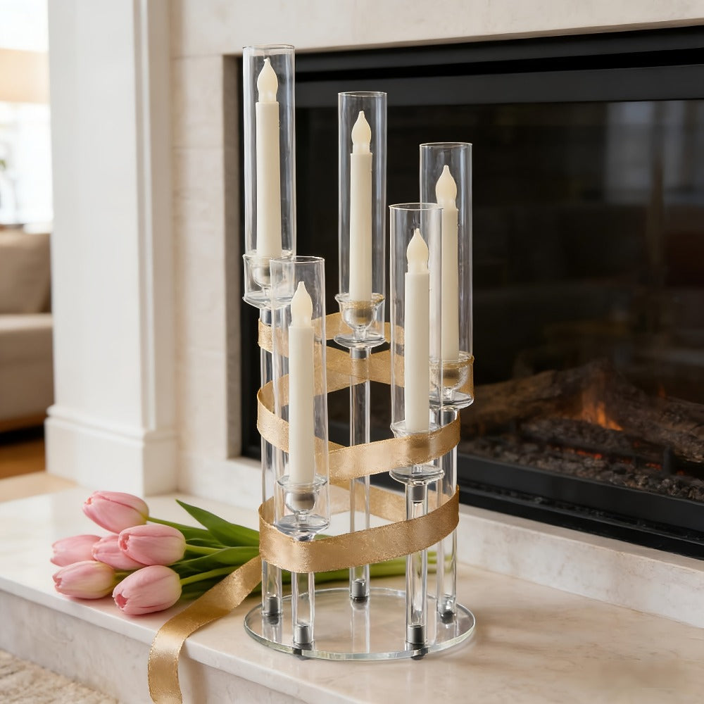 Acrylic Candelabra Candle Holder – Clear Crystal 5-Arm & 6-Arm Taper Candlestick Holders for Wedding Centerpiece, Dining Table, Party & Anniversary Decor
