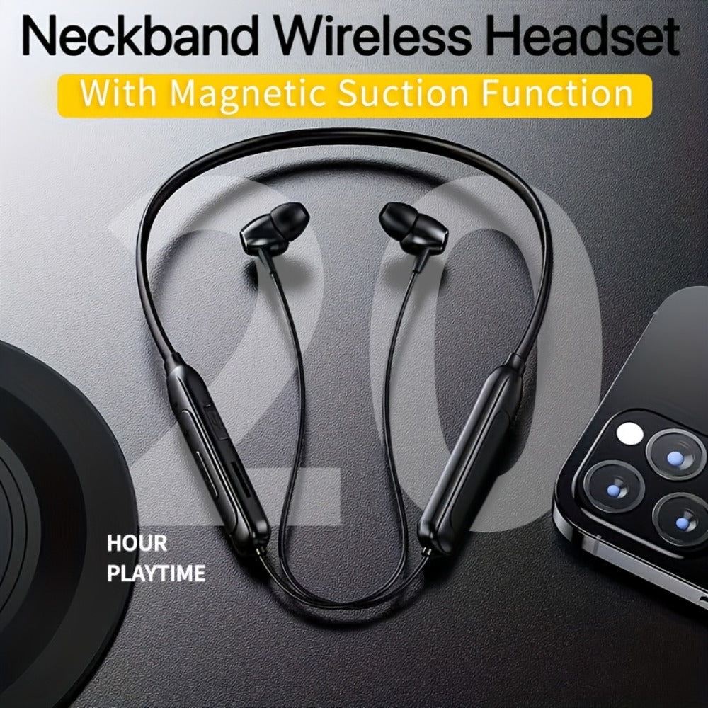 Neckband Magnetic Wireless Earbuds 20H Playtime 230mAh In-Ear Noise Canceling Sports Headphones with Mic Pluggable Memory Card Long Standby for Running Gym Workout Travel
