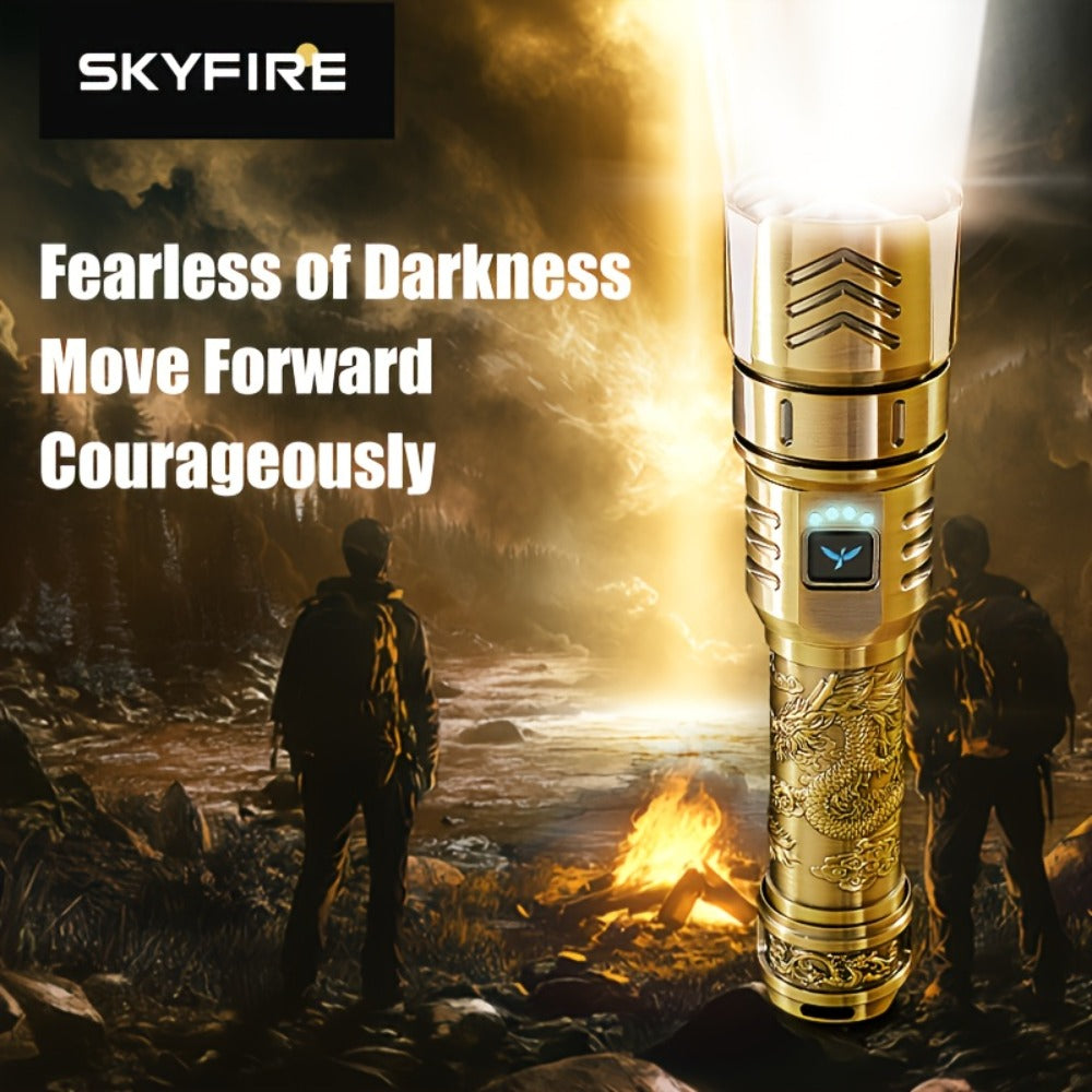 Tactical LED Flashlight 5000mAh Rechargeable Zoomable with Ignition Lens – 4 Modes High Brightness Golden Dragon Pattern Spotlight for Camping Outdoor Hiking Emergency Household Use