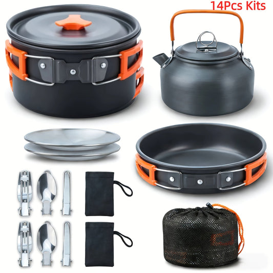 Camping Cookware Mess Kit, Non-Stick Aluminum Alloy, Orange 8 or 14-Piece Options