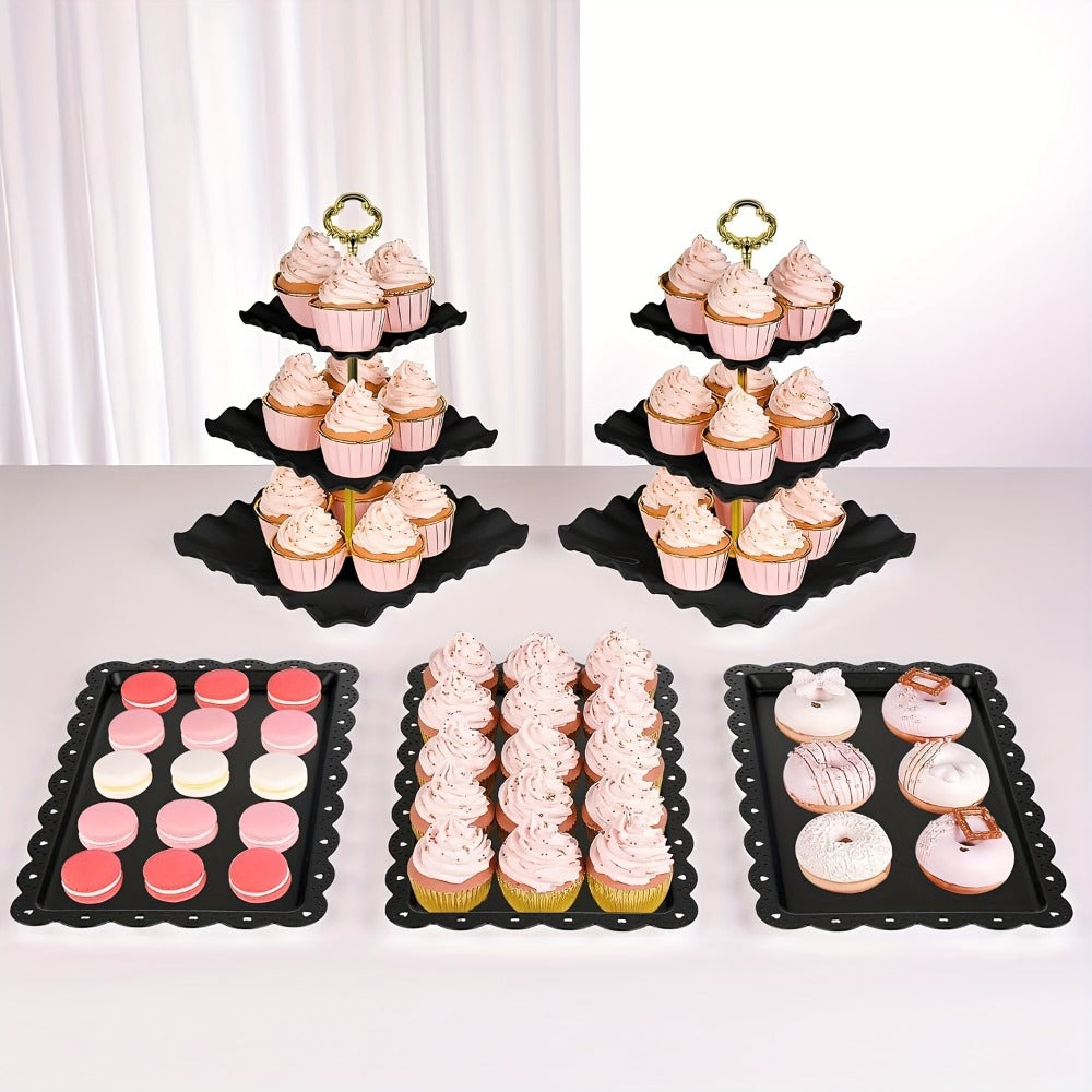 Cake Stand Set 5 Piece – 2 Square Three-Tier Cupcake Stands & 3 Appetizer Trays for Birthday, Baby Shower, Bridal Shower, Christmas, Halloween Party Dessert Display