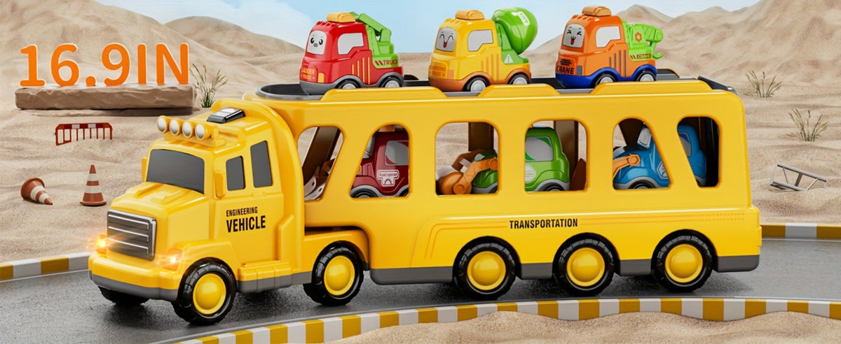 Car Carrier Truck Toy with 6 Cars, 16.9" Transport Construction Truck with Lights & Sounds
