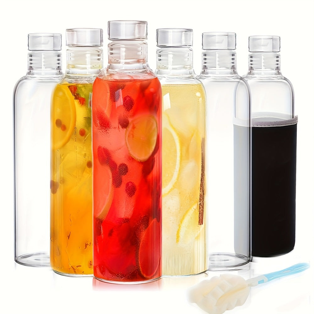 Borosilicate Glass Water Bottle Set of 6 with Lid Sleeve and Cleaning Brush – 18oz Reusable Juice Bottles | Non-Slip Sports Drinking Vessels for Home Office Gym Travel