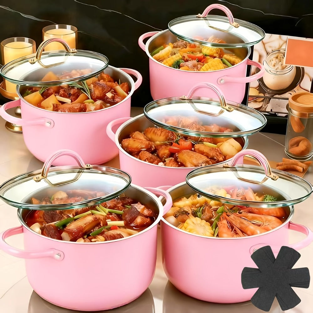 Stainless Steel Non-Stick Cookware Set 1 11 & 13 Piece – Non-Toxic Dishwasher & Oven Safe Kitchen Cooking Set | Frying Boiling Stir-Fry Pots and Pans | Golden Silver Pink Orange Home & Catering
