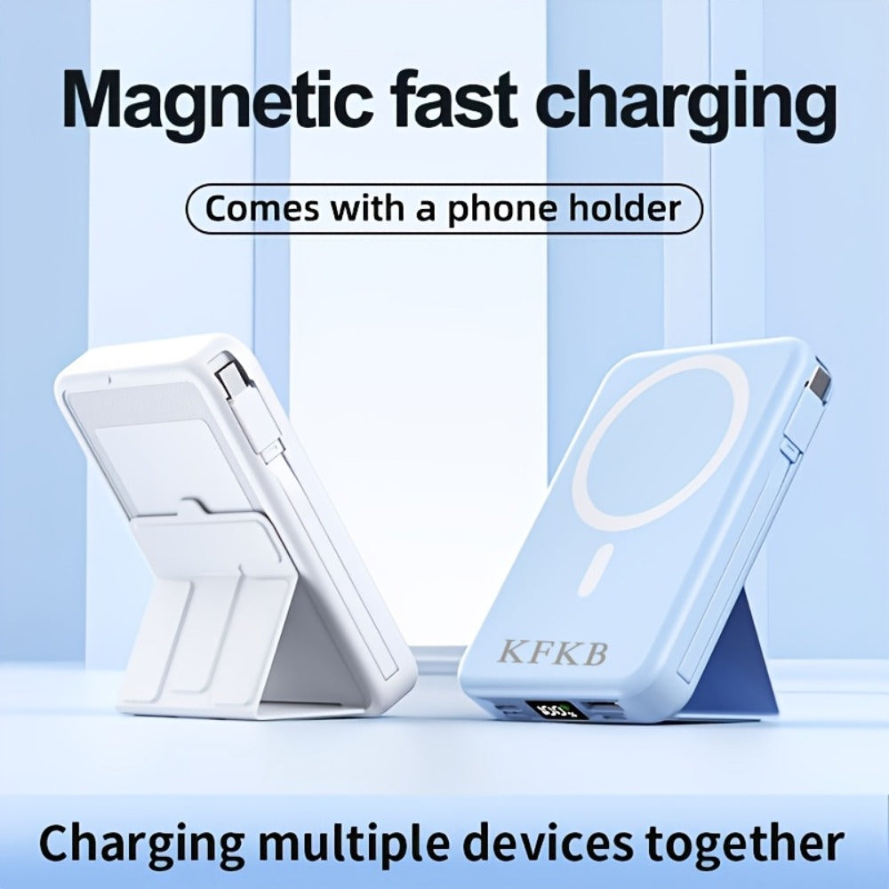 Magnetic Power Bank 10000mAh USB-C Fast Charging – Built-in Cable, Charges 5 Devices & Laptops Simultaneously, Foldable Stand, Portable External Battery for Travel Work Daily Use