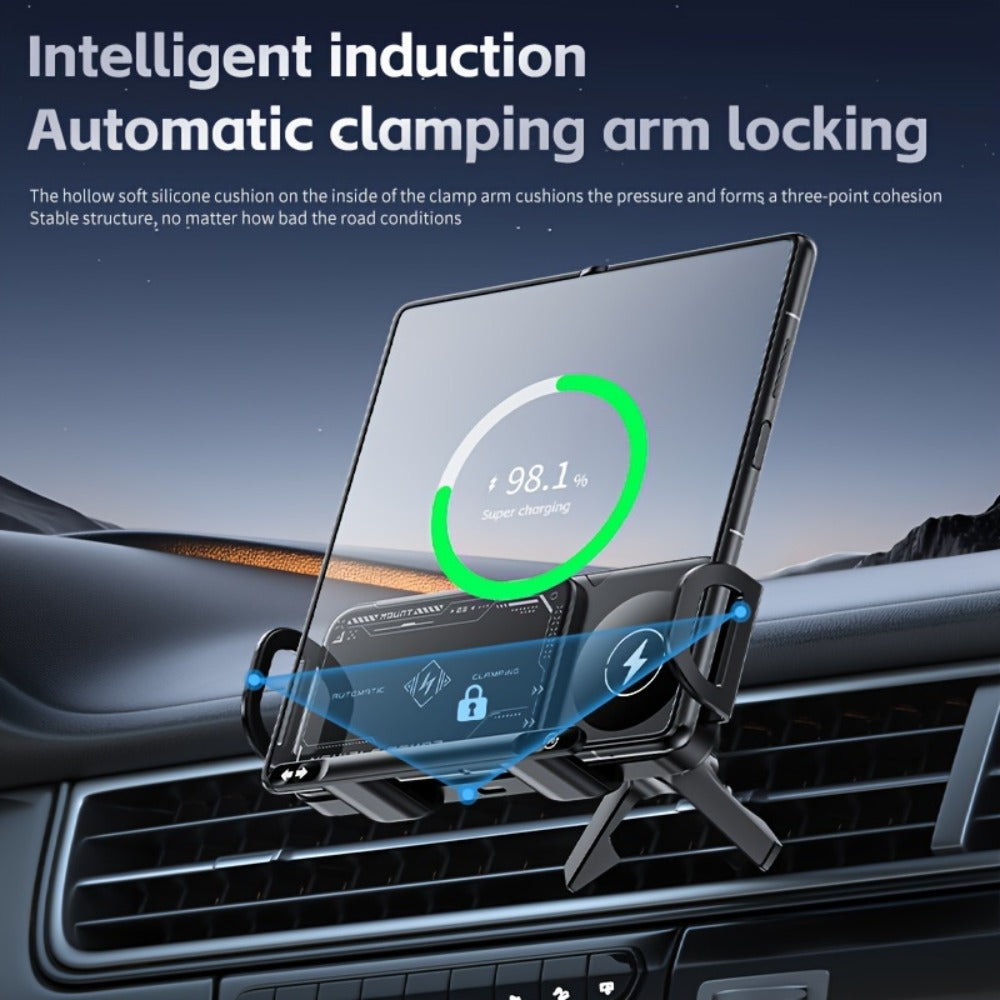 Car Wireless Charger Mount for Samsung Galaxy Z Fold 15W Auto-Clamping Fast Charging Holder – 360° Rotating Ball Joint, Air Vent & Center Console Mount, Super Capacitor Power-Off Delay | All Qi Phones