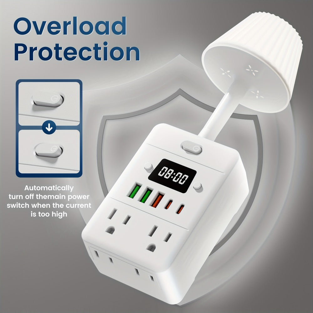 Desktop Power Strip with LED Desk Lamp & Clock 9-in-1, 4 AC Outlets & 5 USB Ports (3 USB-A & 2 USB-C), Surge Protection & Overload Safety for Office, Study, Home & School