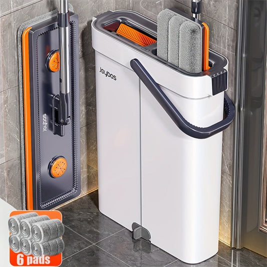 Flat Mop and White Bucket Set with Wringer and Washable Microfiber Pads