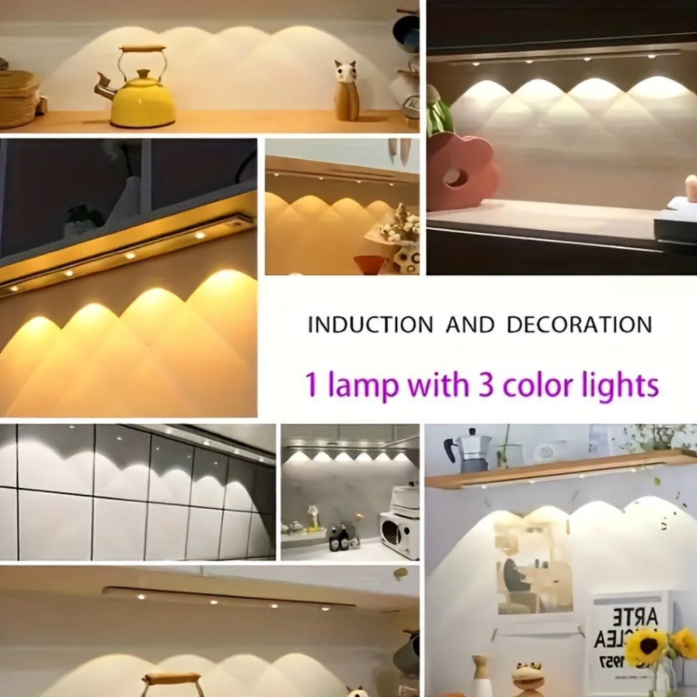 Motion Sensor LED Strip Light USB Rechargeable – 3-Color Dimmable Wireless Night Light for Kitchen, Wardrobe, Cabinet, Shoe Cabinet & Bedroom (20cm / 30cm / 40cm / 50cm, 1 or 2 Pack)