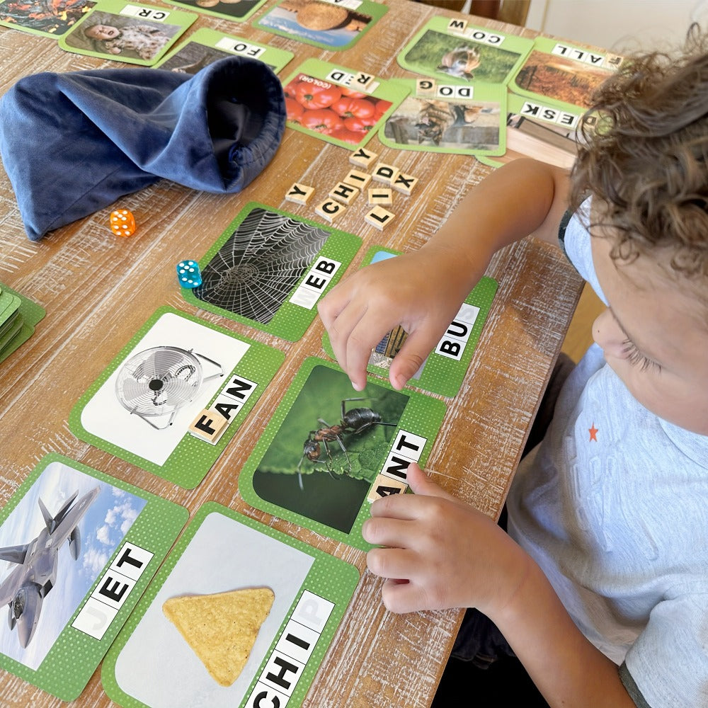 Spelling Flash Card Game for Kids Ages 4-8 — 224 Phonics Sight Word Flashcards, 208 Wood Letter Tiles & Dice, Kindergarten Homeschool ESL Autism Learning Toy, Birthday Christmas Gift