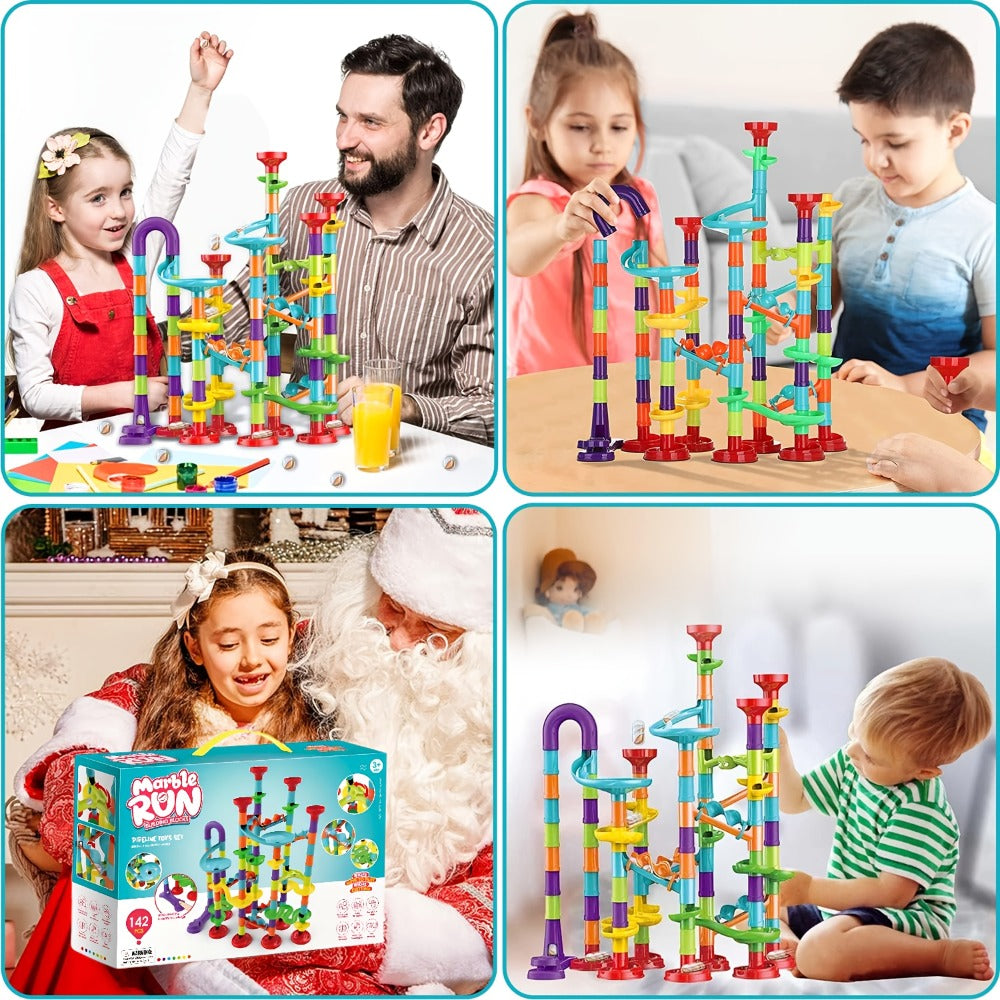 Marble Run Building Block Set with Glass Marbles, 112 or 147 Piece Race Track Toy for Ages 4+