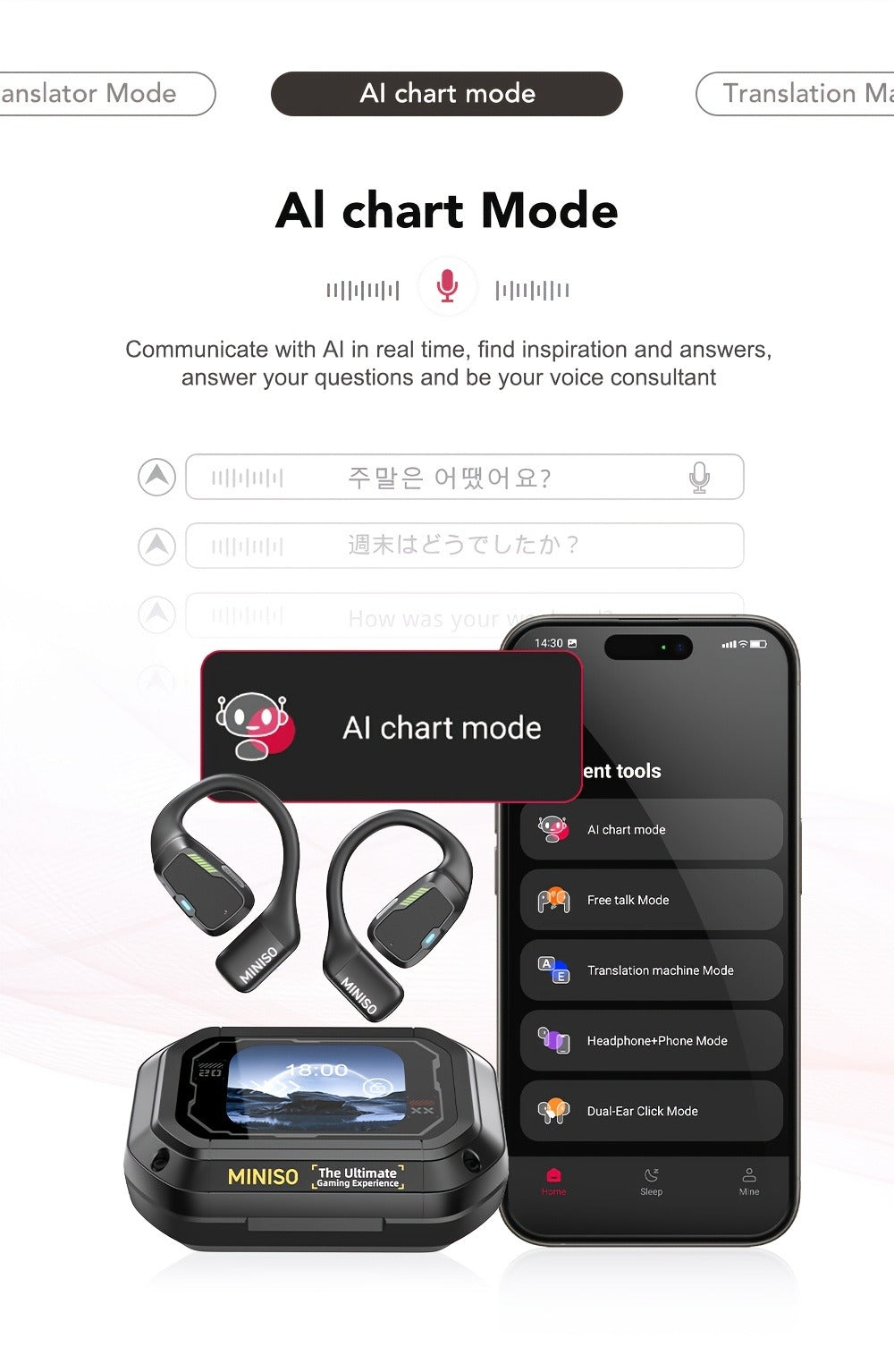 AI Translation Wireless Earbuds Real-Time 135 Languages Open-Ear Design Full-Color Touch Screen Gaming Headset Bluetooth for Travel Business Study iOS Android