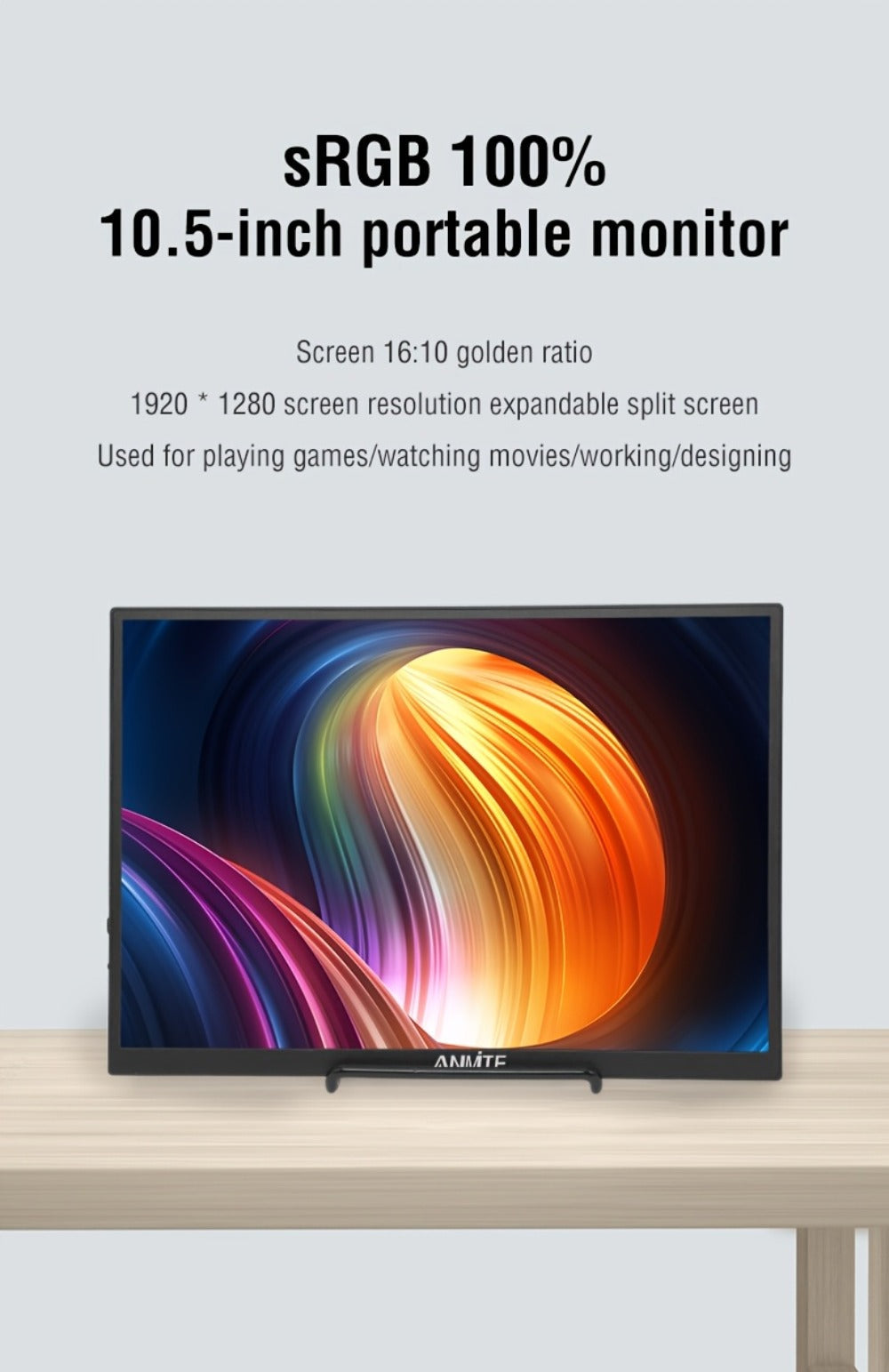 Anmite 10.5" IPS Portable Monitor 1280P 100% sRGB USB-C, Laptop Second Screen Gaming Extension Display for Mac PS4 PS5 Raspberry Pi Switch Steam Deck, Ultra-Slim Travel Monitor