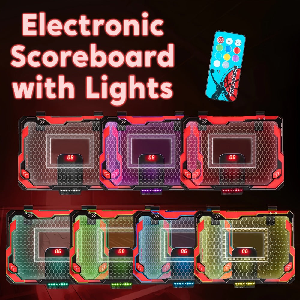 Over-the-Door Indoor Basketball Hoop with Light-Up Scoreboard, Red