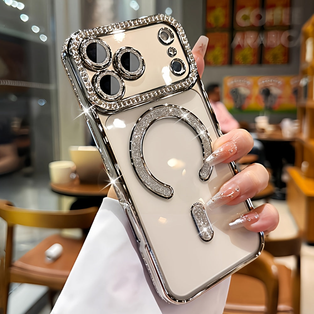 Diamond Side Magnetic iPhone Case for iPhone 17 16 15 14 13 Pro Max Plus Air 16e – Luxury Rhinestone Shiny Electroplated Wireless Charging Supported Protective Cover