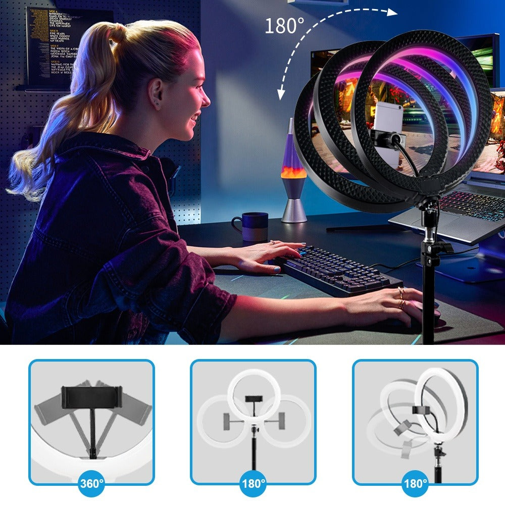 Ring Light 12 Inch Adjustable Brightness RGB with 63 Inch Floor Stand for Photo Selfie Video Recording Zoom Meetings Vlog Live Streaming TikTok YouTube Makeup