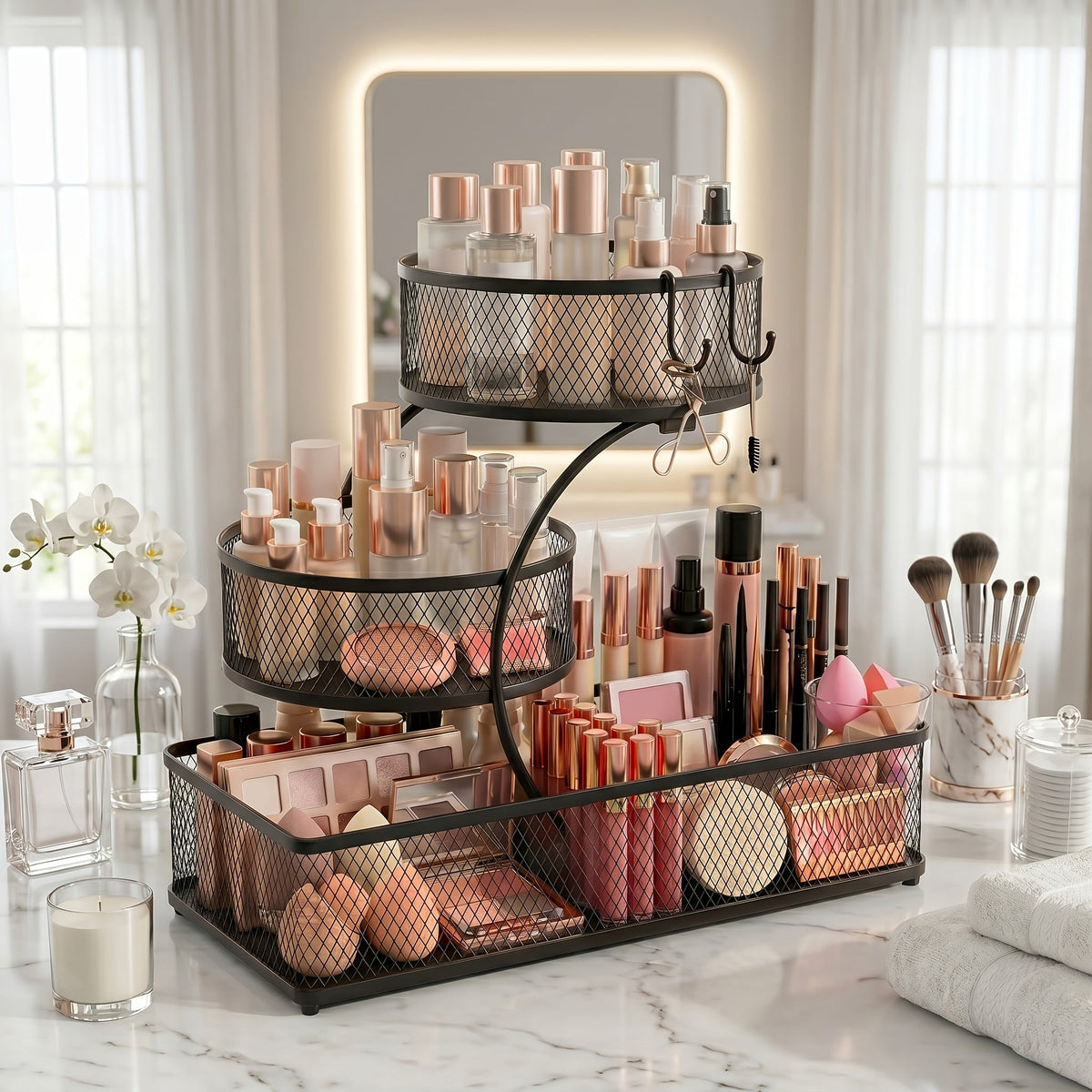 Bathroom Storage Rack 3-Tier Metal Countertop Organizer with Spray Bottle & Hooks – Rust-Resistant Diamond Mesh Shelf for Vanity, Skincare, Cosmetics & Toiletries